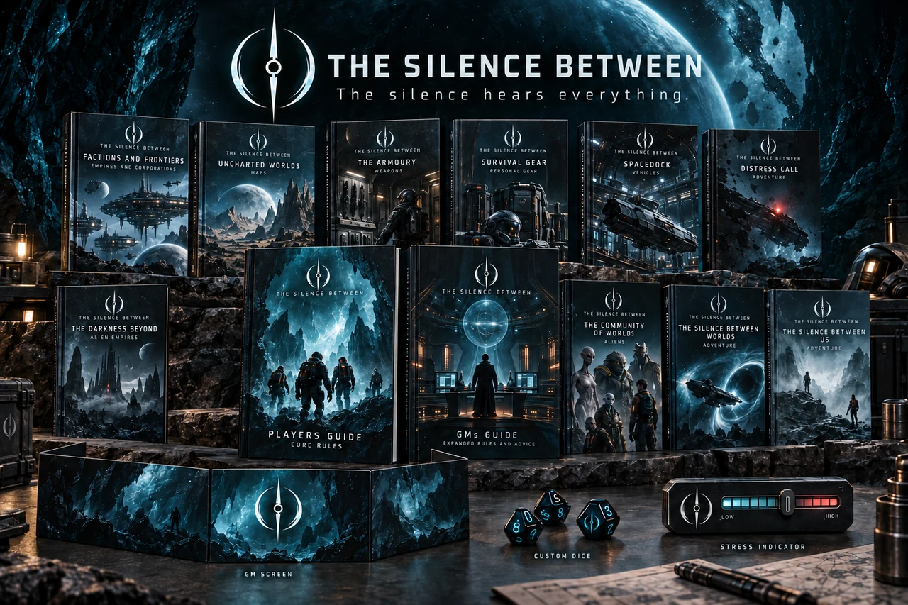 The Silence Between book collection concepts, with core guides, supplements, dice and a game master's screen.