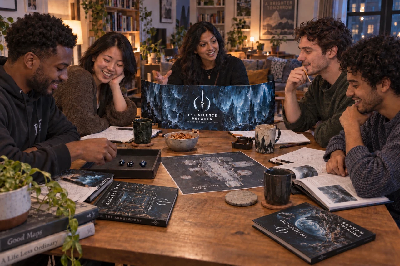 A group gathered around a table for a roleplaying session of The Silence Between.